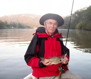 Hawkesbury Nepean Bass Angling Association Club patron John ‘Mr Bass’ Bethune with his first fish for the day
